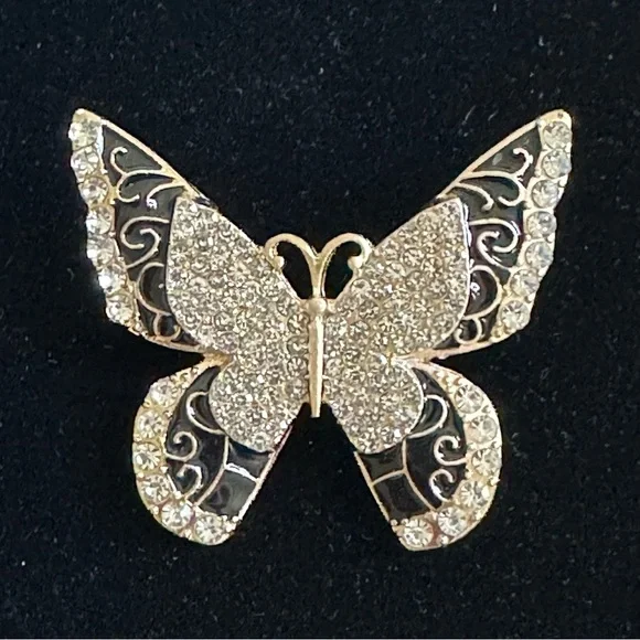 Vintage Style Black Enamel & Rhinestone Butterfly Brooch | Gold Tone Pin | NEW - Picture 3 of 4